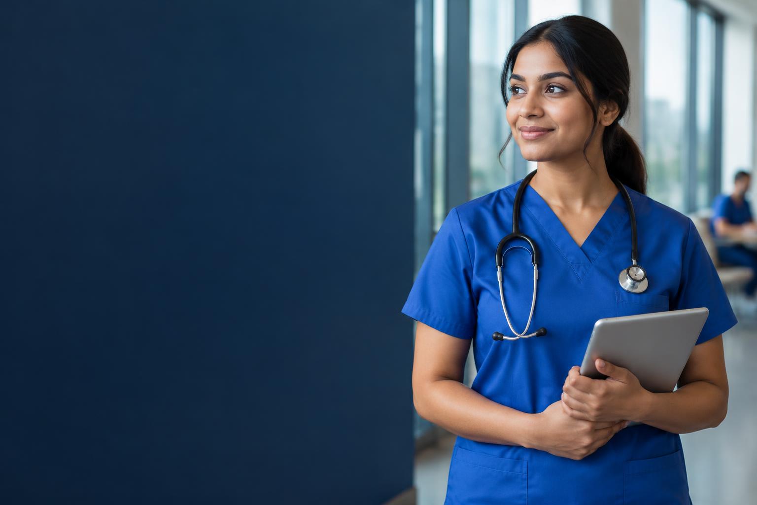 Nurse in blue scrubs holding a tablet in a modern healthcare setting